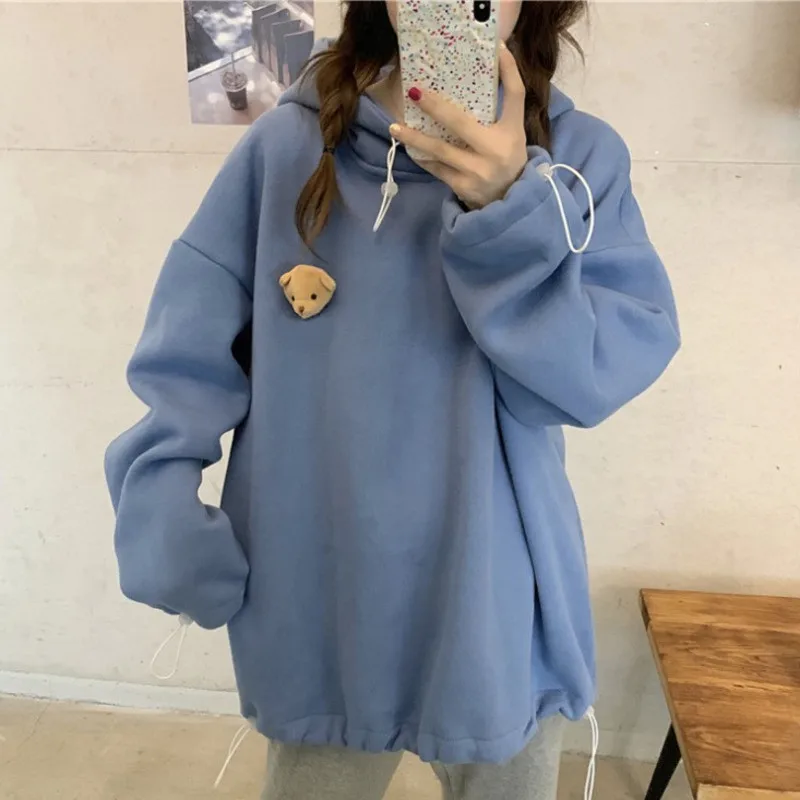 Autumn Hoodies Women Thicken Liner Velvet Bear Toy In Back Big Pocket Warm Soft Hooded Sweatshirt Couple Matching Pullover Top