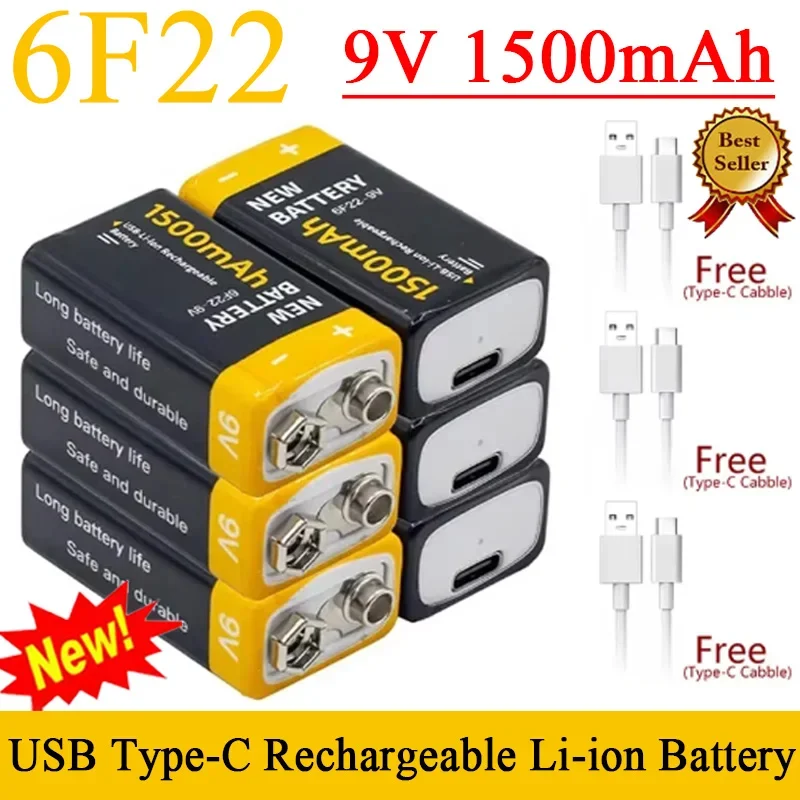 1500mAh 9V Rechargeable Battery Type-C 6F22 9v Li-ion Battery for Metal Detector Remote Control Helicopter Microphone Toy Model