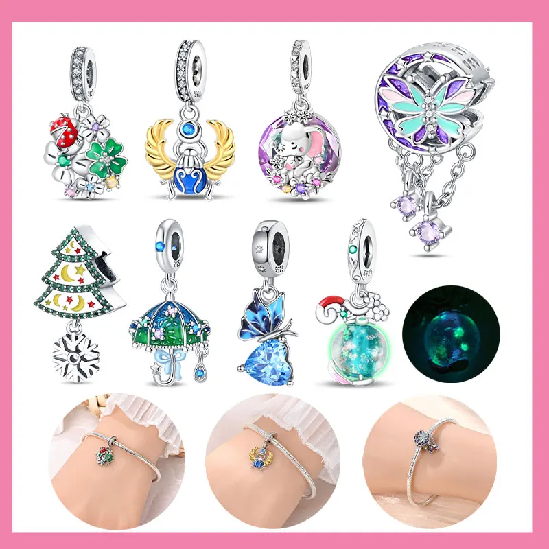 

Charms 925 Silver Original Floral Umbrella Four Leaf Clover Moon Butterfly Bracelets Beads Fit Women DIY Fine Jewelry Gifts