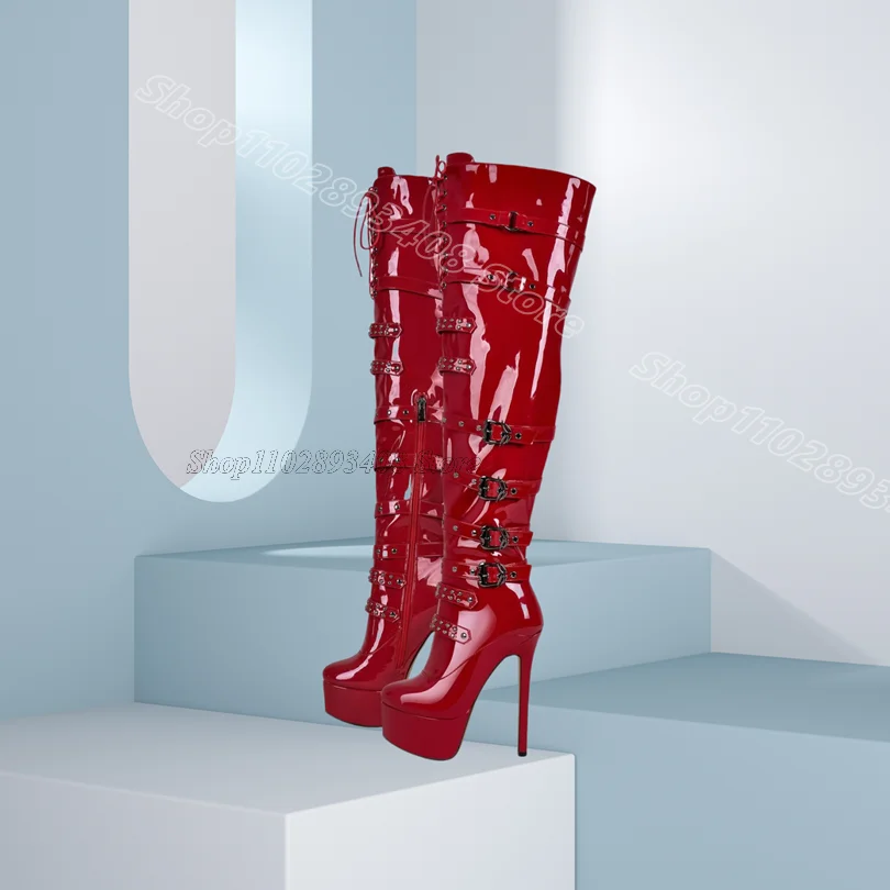 

Red Buckle Patent Leather Boots Round Toe Solid British Style Fashion Party Dress Women Over Knee Boots 2025 Zapatos Para Mujere