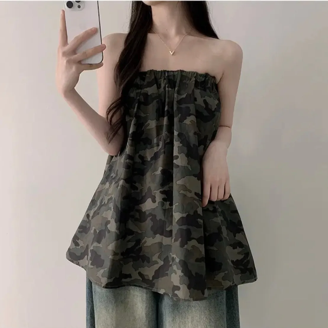 

Летний шикарный женский свободный камуфляжный жилет с ремешками, пышный универсальный дизайн, утягивающая юбка, верхняя одежда