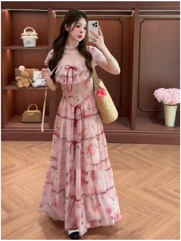 

Vacation Fairy Tale Ruffle Hem Long Dress Women Summer Beautiful Beach Photo Worthy Floral Waist Cinched Short Sleeve Dress