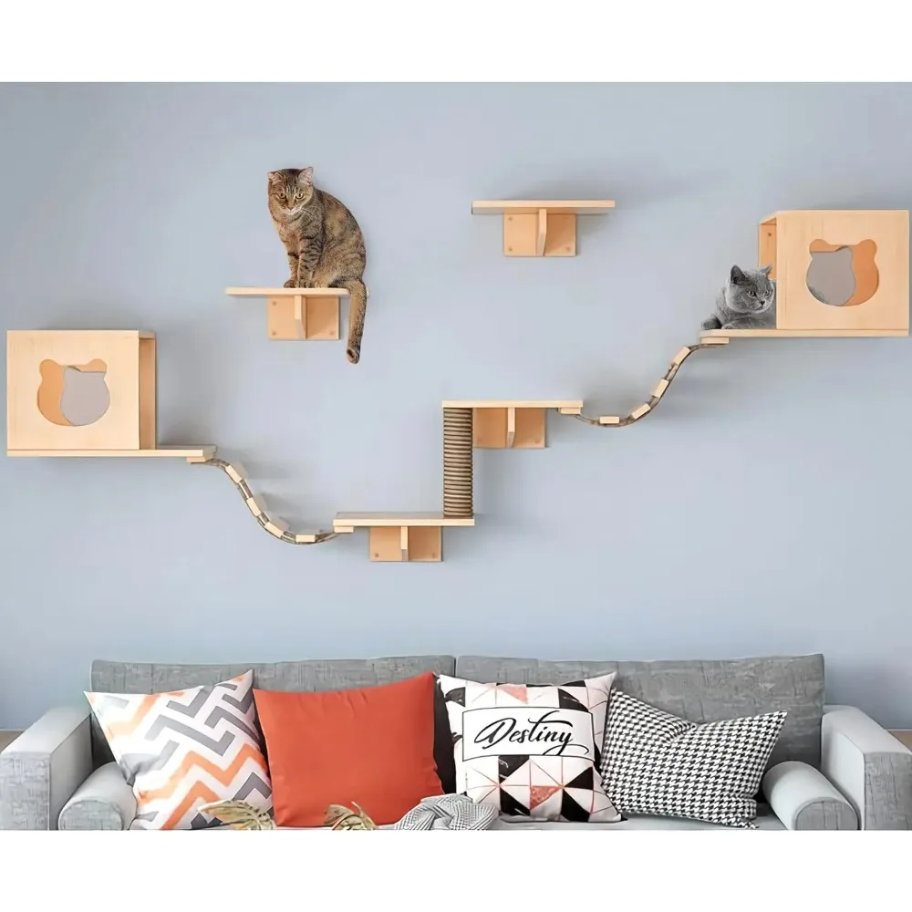 Cat Wall Furniture, Shelves, Floating Wood Climb Wall-Mounted Playing Climber, 2 Houses & 4 Shelves Ladders 1 Scratchin