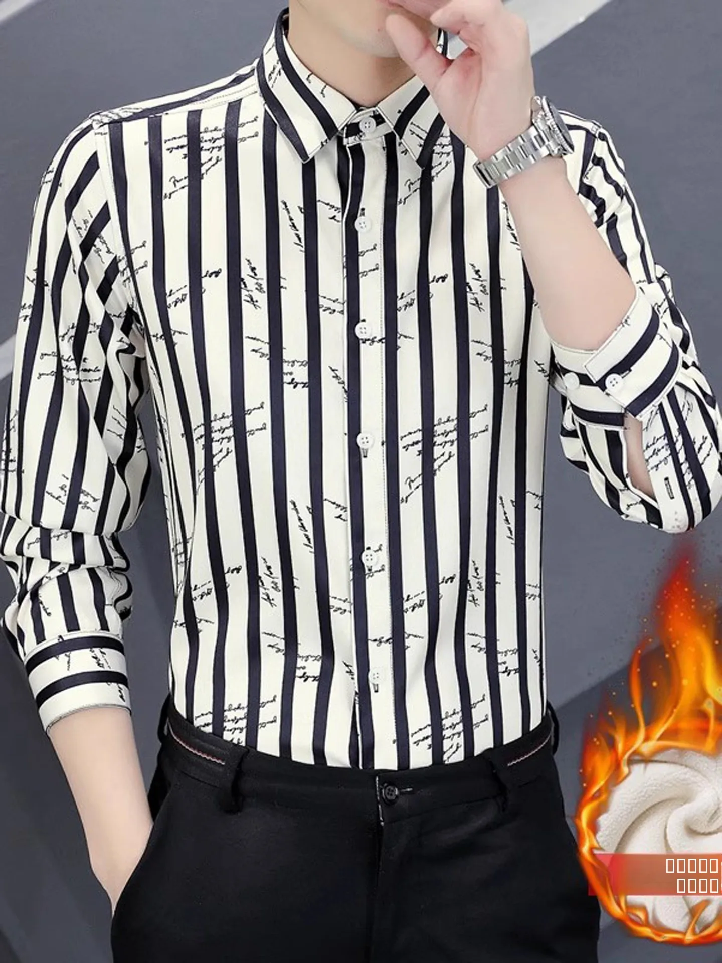 

Men's Winter Fleece Lined Shirt Korean Style Casual Floral Embroidery Thick Warm Striped Business Casual Shirt Long Sleeve Bu...