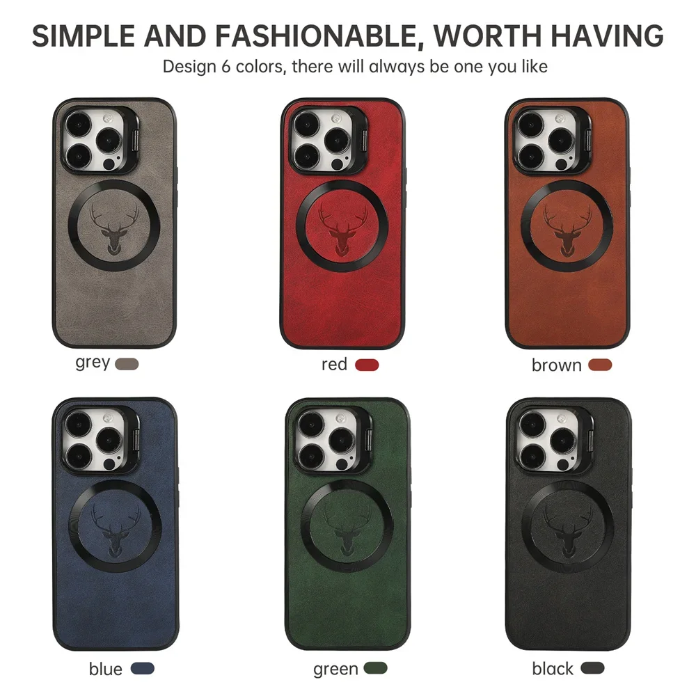 Luxury Leather Elk Deer Head Case For iPhone 15 14 13 12 Pro Max 15 Plus Invisible Lens Stand Bracket for Magsafe Magnetic Cover