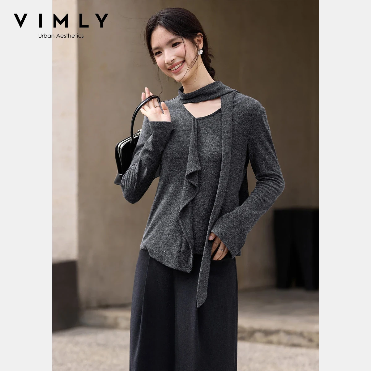 

VIMLY Ruffles Sweaters Woman Winter 2025 Casual Asymmetrical Tie Hem Pullovers Knitted Fit Slim Flare Sleeve Lady Jumpers A3301