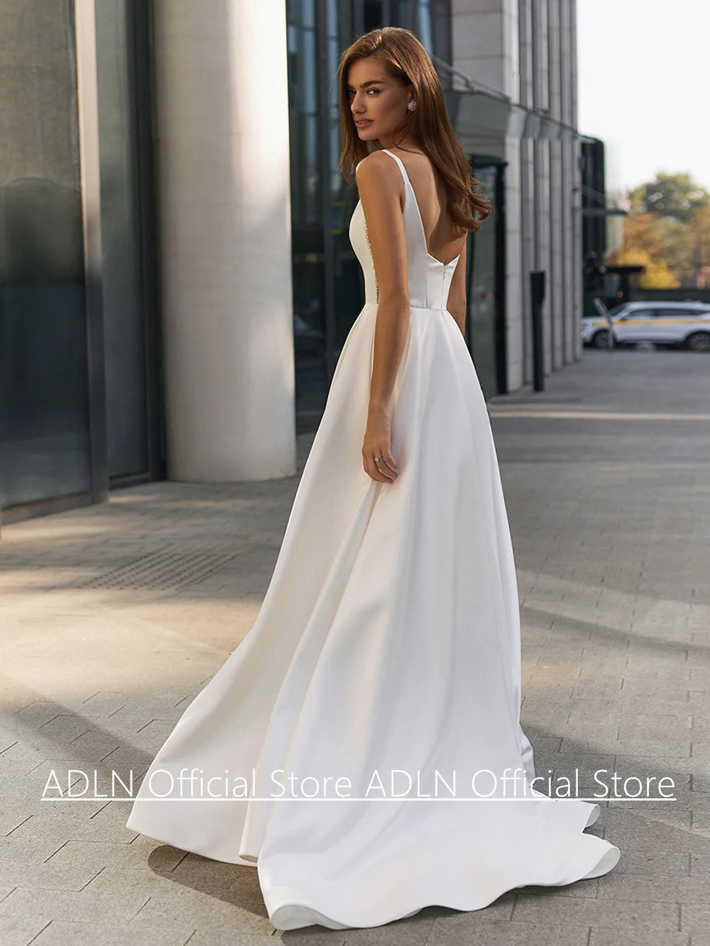 A Line Satin Wedding Dresses for Bride Customized Deep V Neck Sleeveless Beading Backless Sweep Train Simple Bridal Gowns