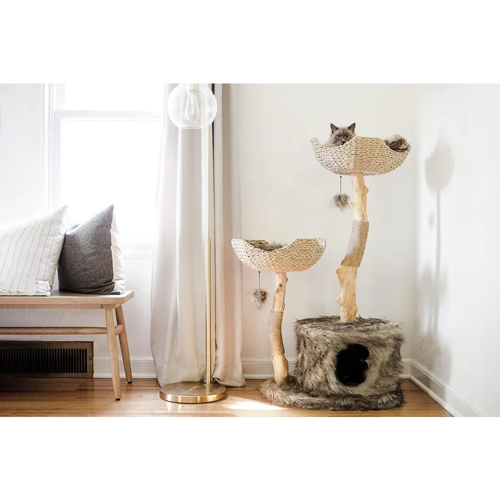 Modern Cat Tree Tower, Real Branch Luxury Wood Cats Tower, Cats Scratching Tree, Cat Bed