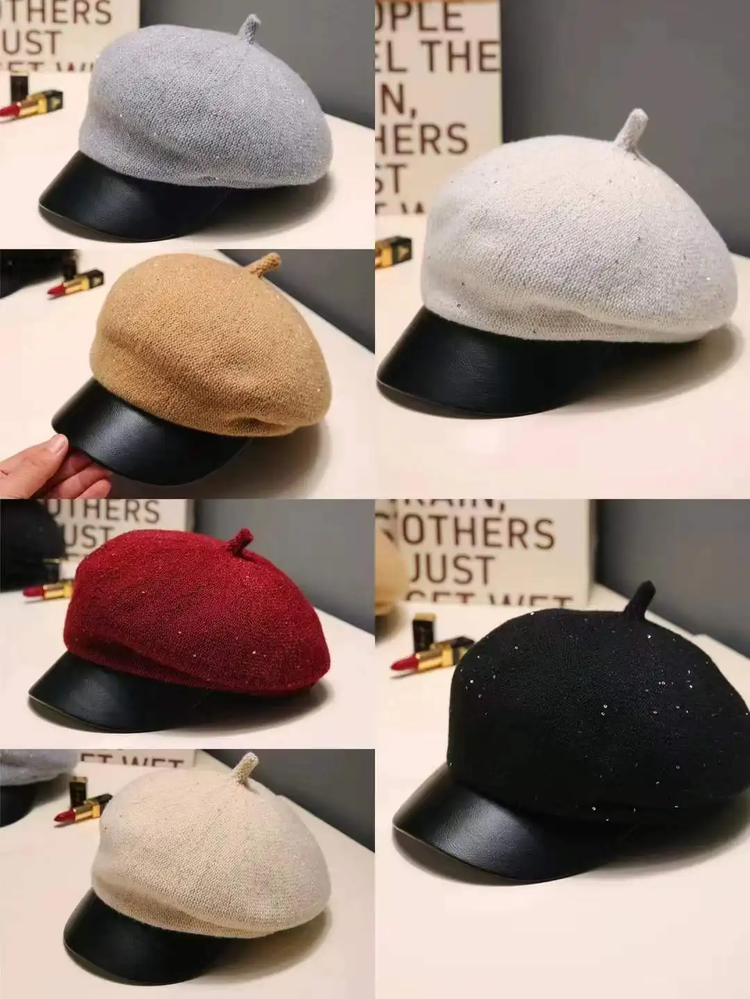 Paillettenbesetzte Baskenmütze im koreanischen Stil, warme und britische Retro-Hut mit acht Ecken für Herbst und Winter, lässige Outdoor-Damenmütze