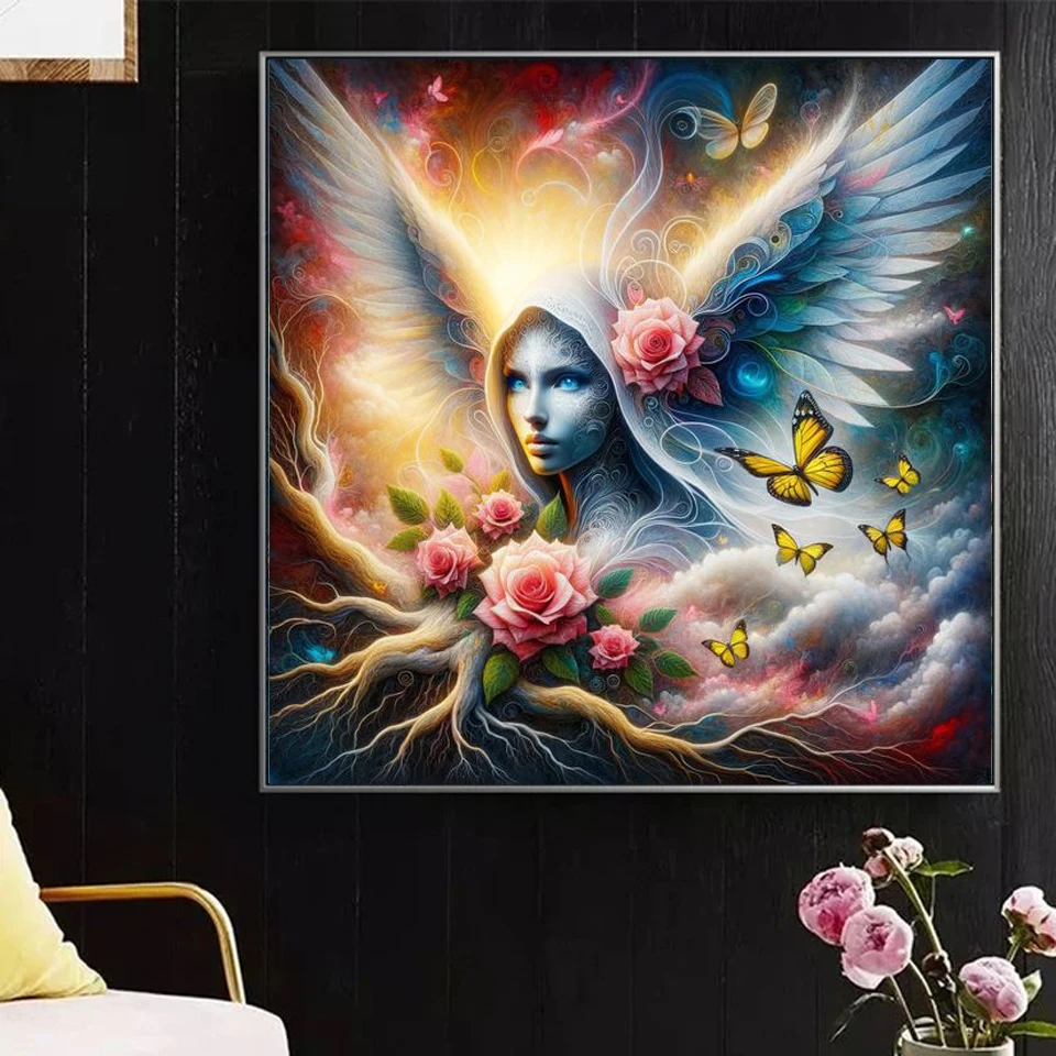 Handmade DIY Religious Diamond Painting Kit Angel Wings Cross Embroidered Flower  Art Diamond Mosaic Home Decoration