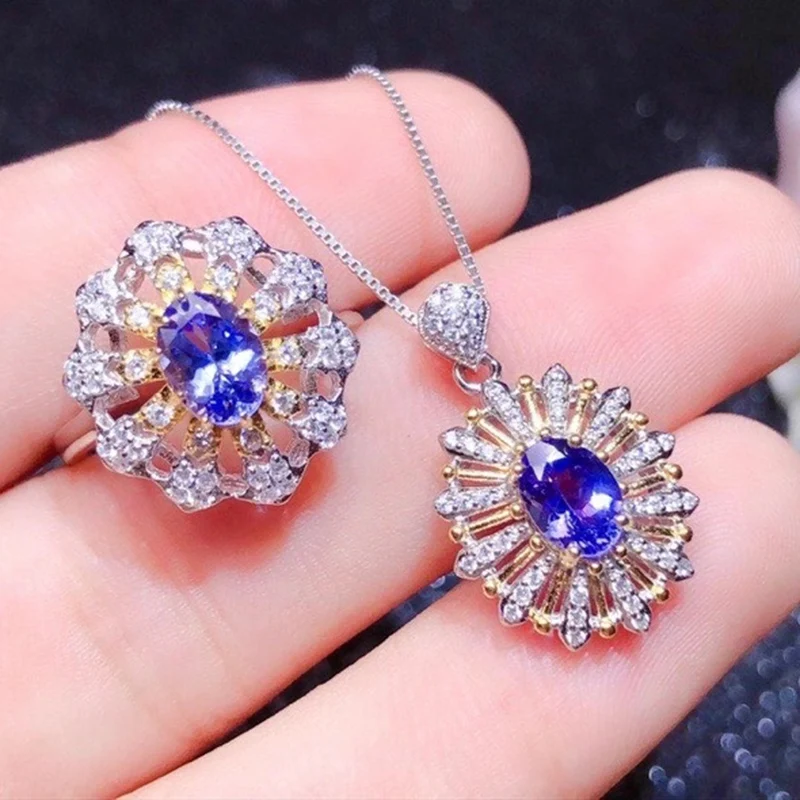 CoLife Jewelry Tanzanite Pendant Ring for Party 5mm*7mm Natural Tanzanite Jewelry Set 925 Silver Tanzanite Jewelry Gift for Wife