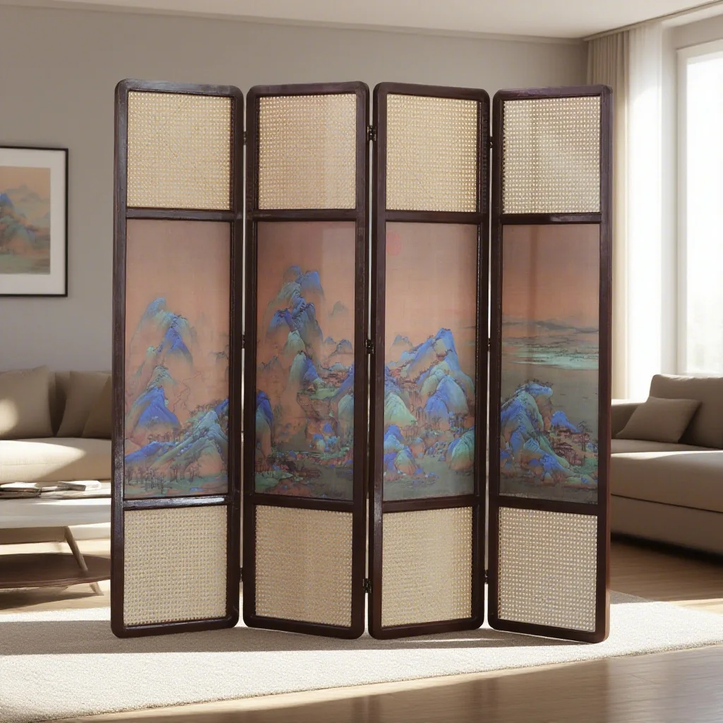 Screen partition movable folding rattan mat bedroom new Chinese hotel office living room home entrance wall