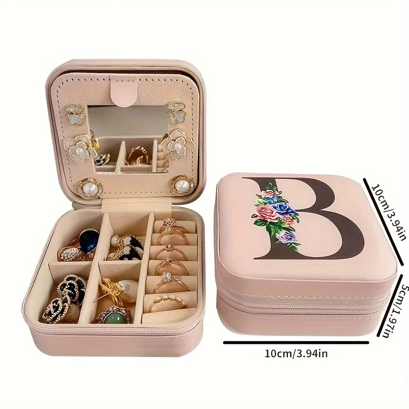 Fashion Letter Print Jewelry Box With Mirror, PU Multi-grids Jewelry Organizer, Perfect Earrings Necklace Storage Box