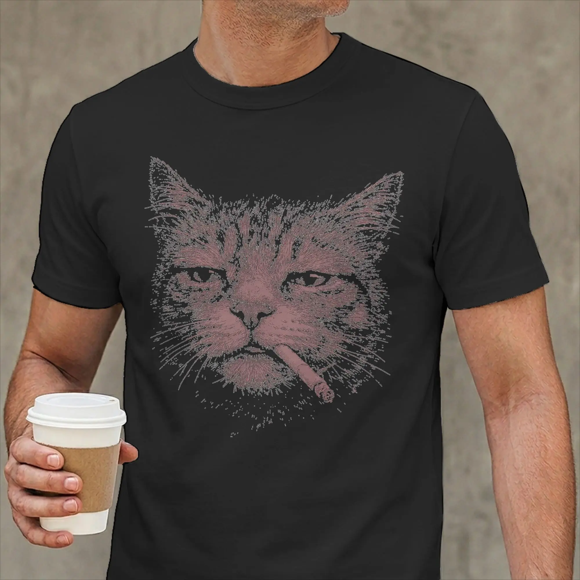 Men's T-Shirts Cat Smoking Cigarette Funny Cat Mafia Meme Cotton Tee Shirt Short Sleeve  T Shirt Round Neck Clothes Plus Size