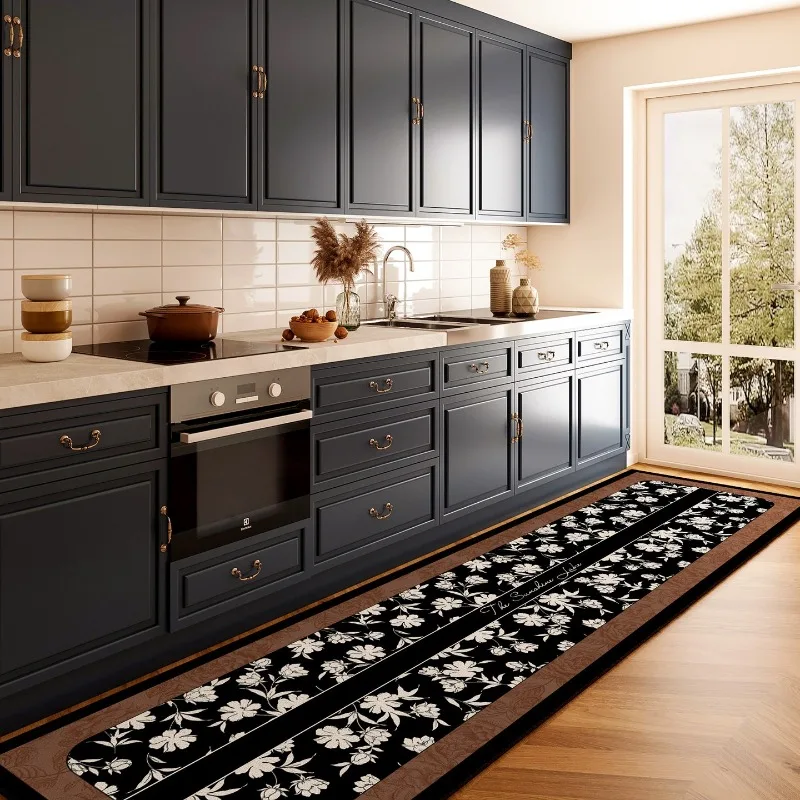 European Kitchen Mat Vintage Floral Long Runner Rug Non-Slip Oil-Proof Waterproof Carpet Stain-Resistant PVC Leather Foot Mats