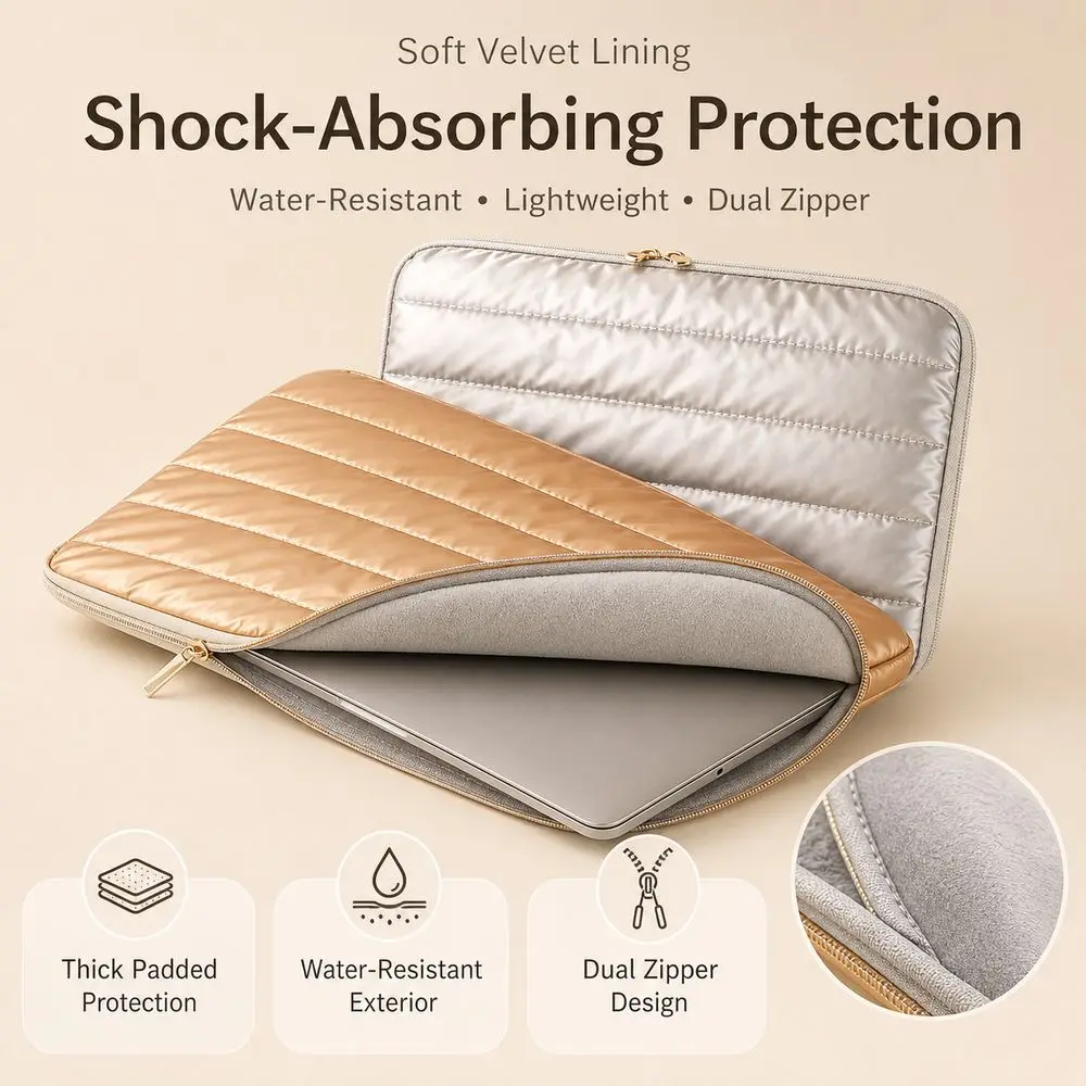 Nylon Quilted Computer Bag Shock Absorbing Water Resistant Laptop Sleeve Bag Quilted Padding Laptop Carrying Case Office Commute