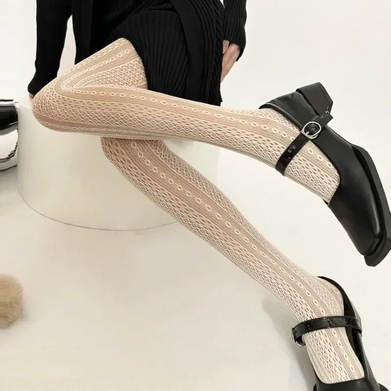 Collants résille en dentelle de maille pour femmes, bas blancs élastiques en nylon, collants évidés, rayures verticales douces françaises, sexy, nouveau style