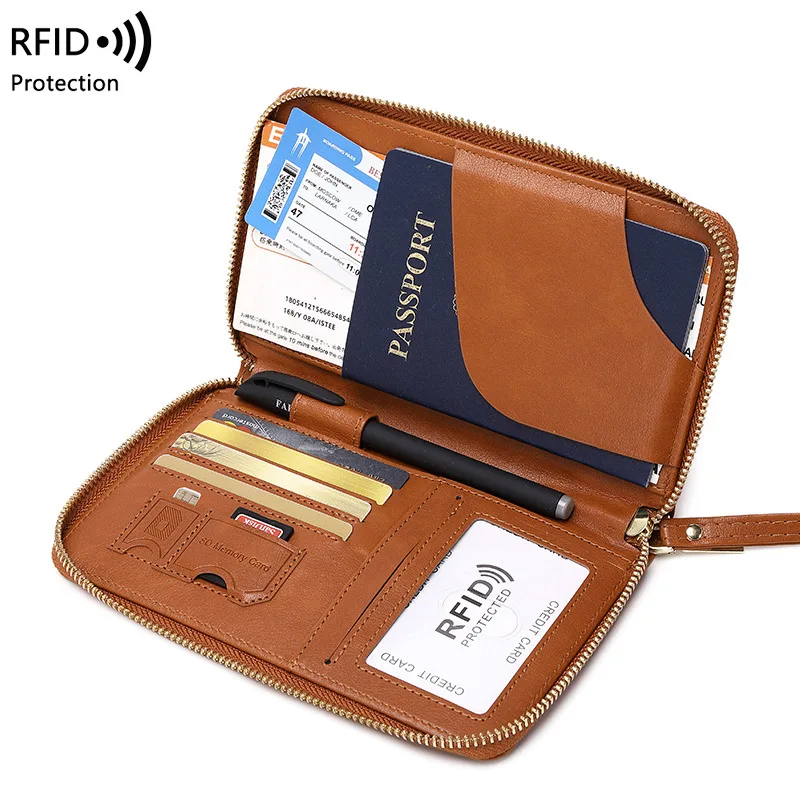 Cross-border 2024RFID long passport holder ticket storage document bag multi-functional travel zipper passport bag coin purse