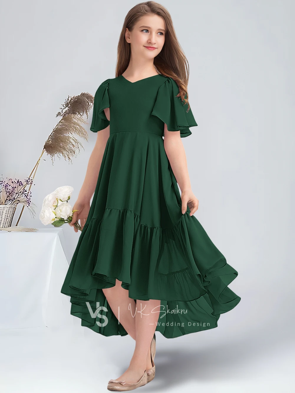 B ألف خط الخامس الرقبة غير المتكافئة الشيفون جونيور فستان وصيفة الشرف البنفسجي زهرة فتاة فستان لحفل الزفاف في سن المراهقة فستان المناسبات الخاصة