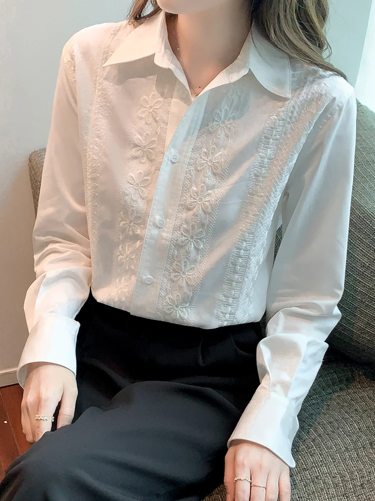 Embroidered White Shirts Women Long Sleeve Loose Casual Tops Office Ladies Bishop Sleeve Single-Breasted Workwear Blouse 2025