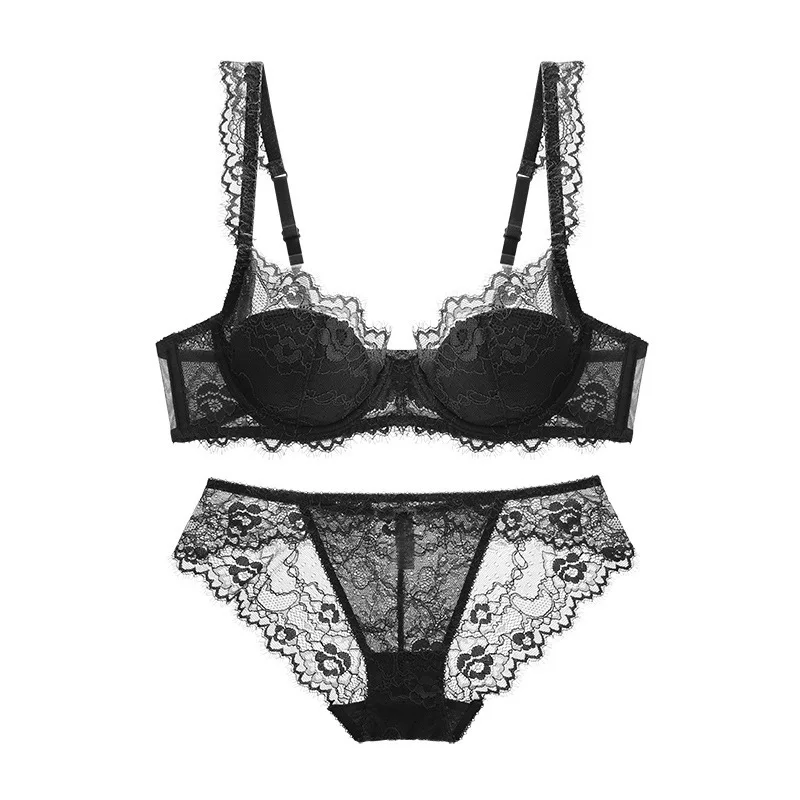 Women Sweet Lace Underwear Set Female Hollow Out Thin Cotton Bra Top Soft Breathable Gathering Lace Bra Large-sized Bra Everyday