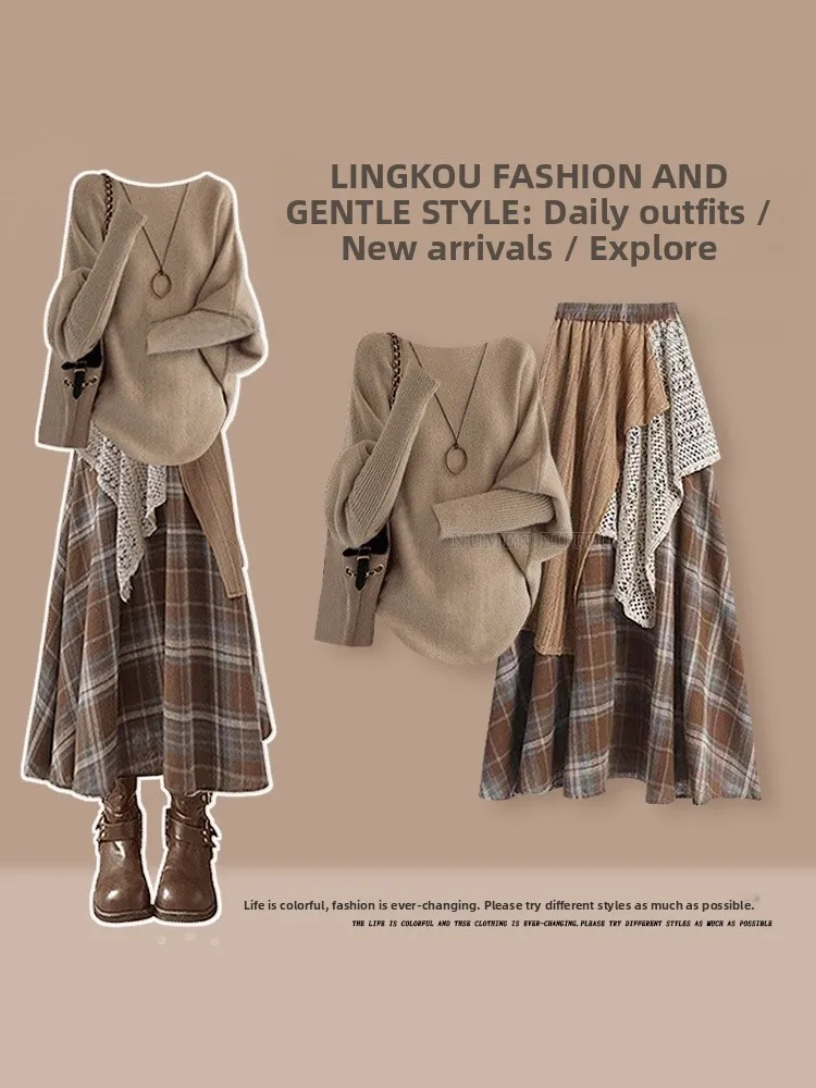 

Large Size Autumnal Mermaid Knitted Sweater And Plaid Skirt Set Women's Age-Defying Fashion Ensemble High Waist Midi Skirt