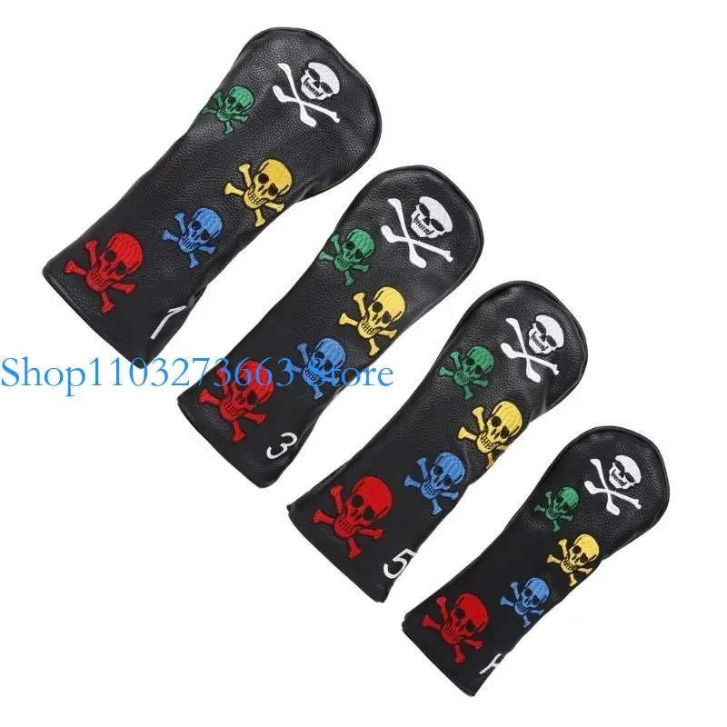 

R6FE 4Pcs Skull Pattern Fairway Headcover Waterproofs PU Leather Golfs Club Head Cover Replacement Driver Headcover