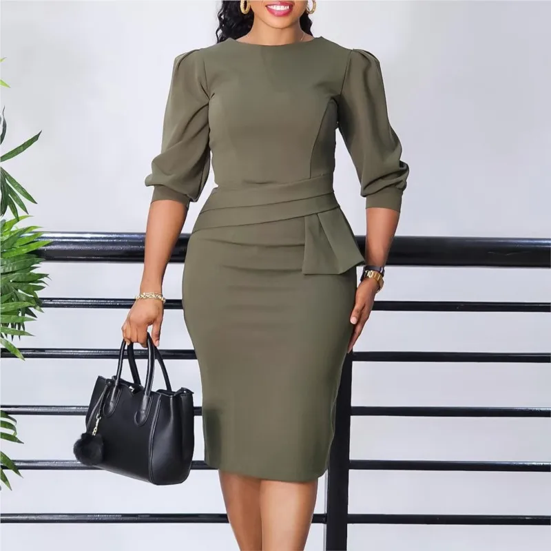 Spring Elegant Office Dresses Women Red O Neck Half Sleeve Sheath Package Hips Formal Business Work Wear Vestidos Dress Clothes