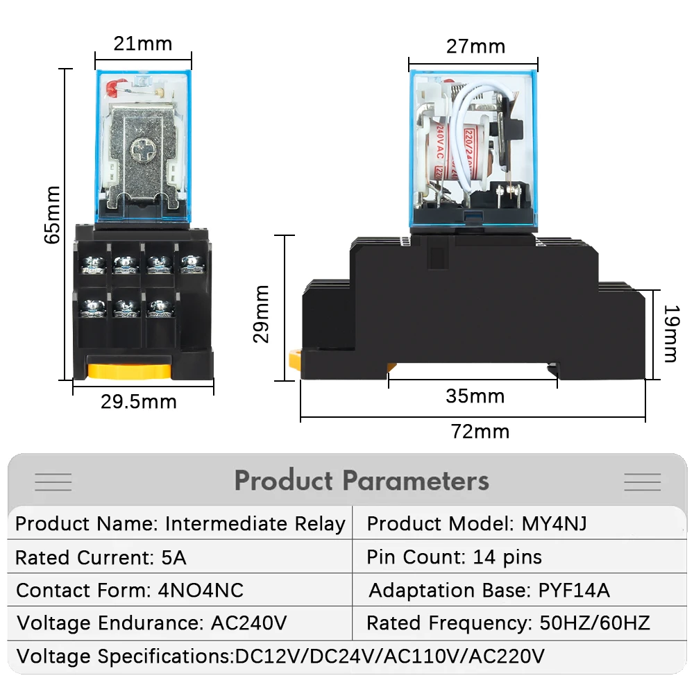 MY2NJ MY4NJ DIN Rail Small Electromagnetic Relay Coil Power Relay DC12V DC24V AC110V AC220V With Socket Base 2NO 2NC