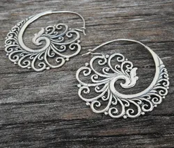 Vintage Metal Hand Carved Phoenix Hoop Drop Earrings For Women