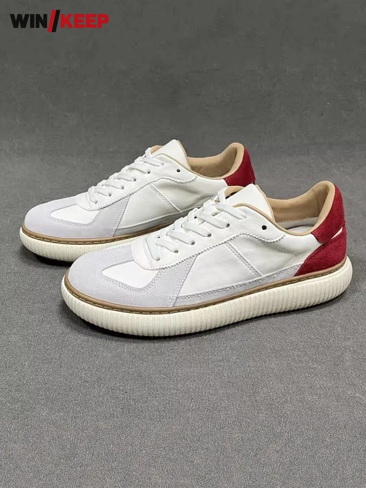 Mens Design New Color Block Real Leather Breathable Sneakers Comfortable Lace Up Platform Running Trainers Jogging Sport Shoes