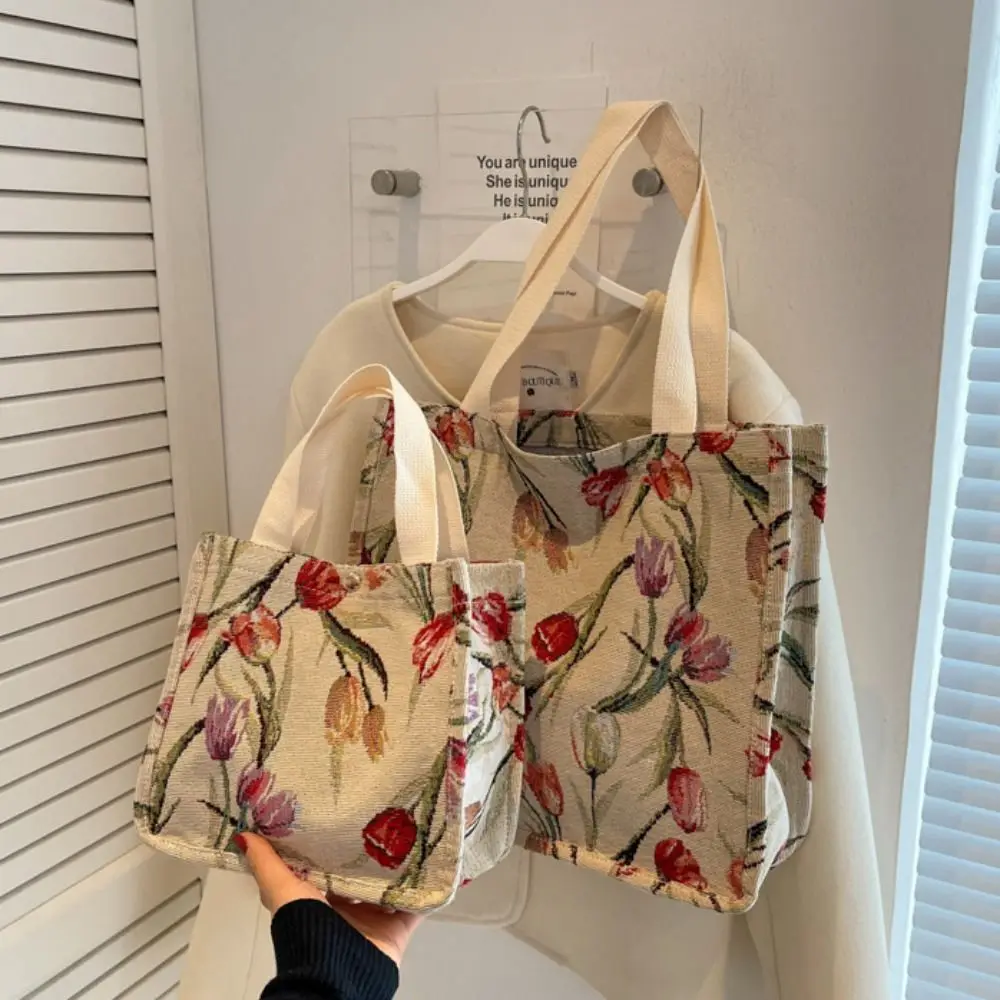 Casual Commute Tulip Tote Bag Large Capacity Fashion Flower Shoulder Bag Sweet Canvas Floral Handbag Girls