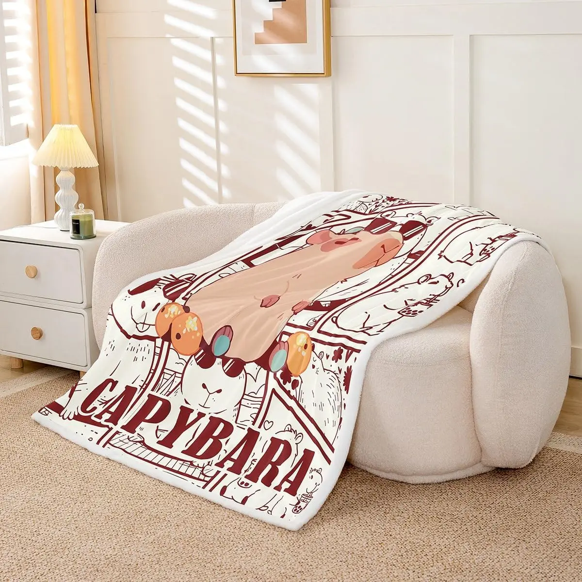 Cartoon Capybara Fleece Blanket for Travel, Kawaii Orange Fruit Sherpa Blanket Lovely Wild Animals Pattern Natural Theme Fuzzy