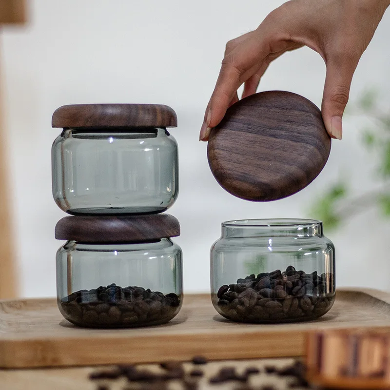 1 Piece 300ml 10oz Air Tight Acacia Walnut Wood Lid Grey Glass Storage Jars Dry Food Snack Candy Sugar Spice Coffee Bean Jar