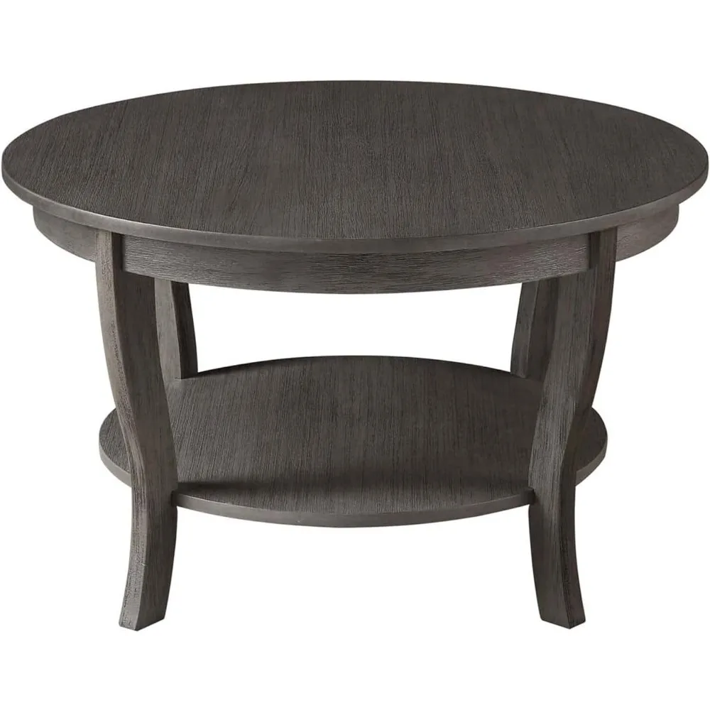 Round Coffee Table with Shelf, Wood Finish, Classic Transitional Style Table, Two Tier Spacious Shelving