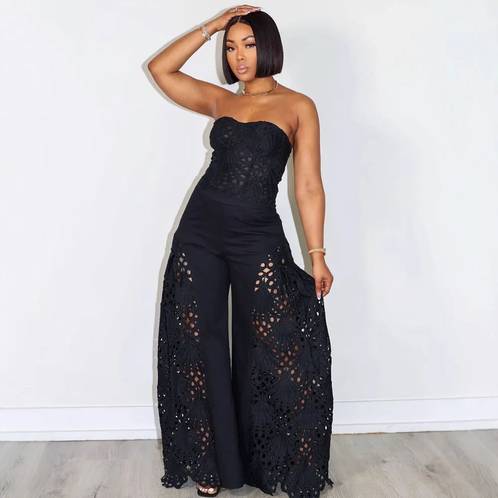 

Sexy Hollow Out Strapless 2 Piece Set Women Chic Solid Sleeveless Vest Wide Leg Pants Suit Female Summer Lace Casual Sets