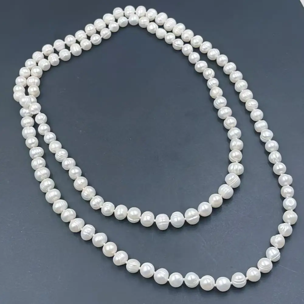 

Free Ship 100% Genuine Natural Freshwater White Round Pearl Wedding Dress Women Jewelry 2 Layers Necklace 110cm