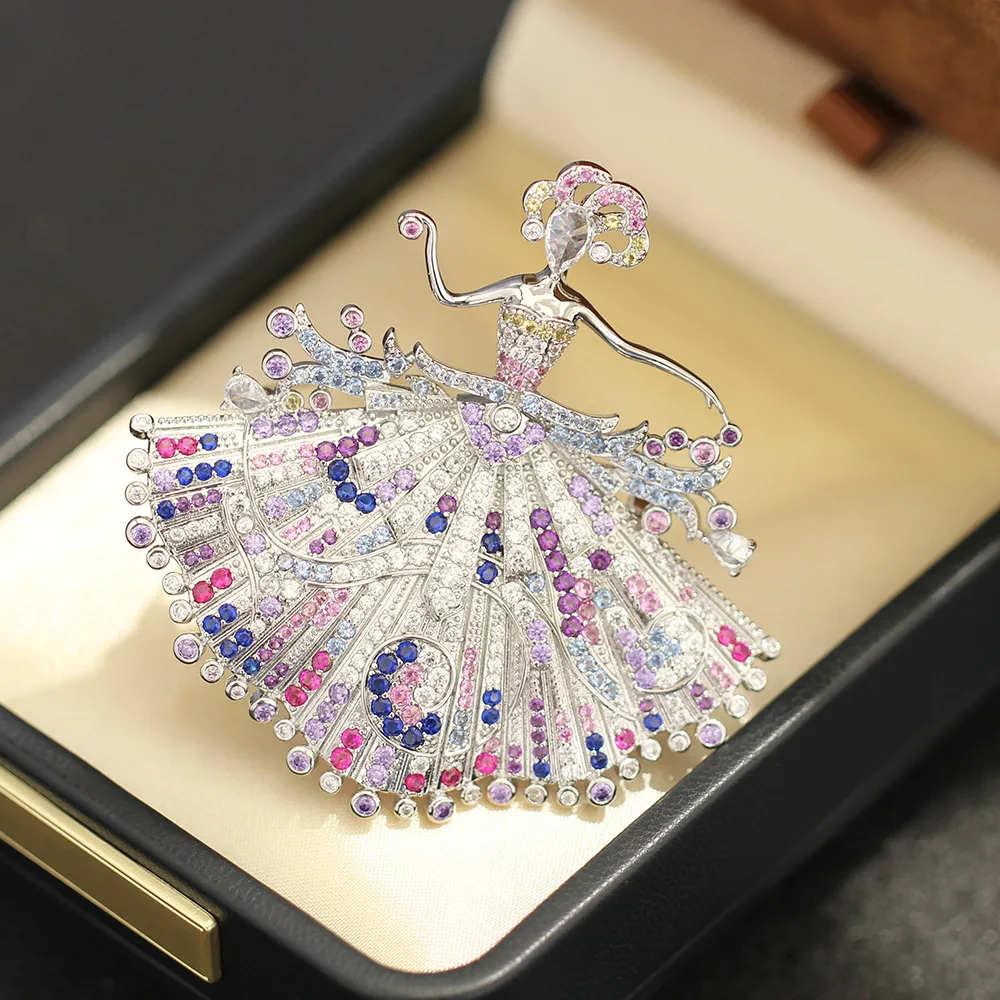 Heavy Industry Modern Ballet Dancer Brooch Light Luxury Color Diamond Modern Girl Pin Jacket Coat Accessories