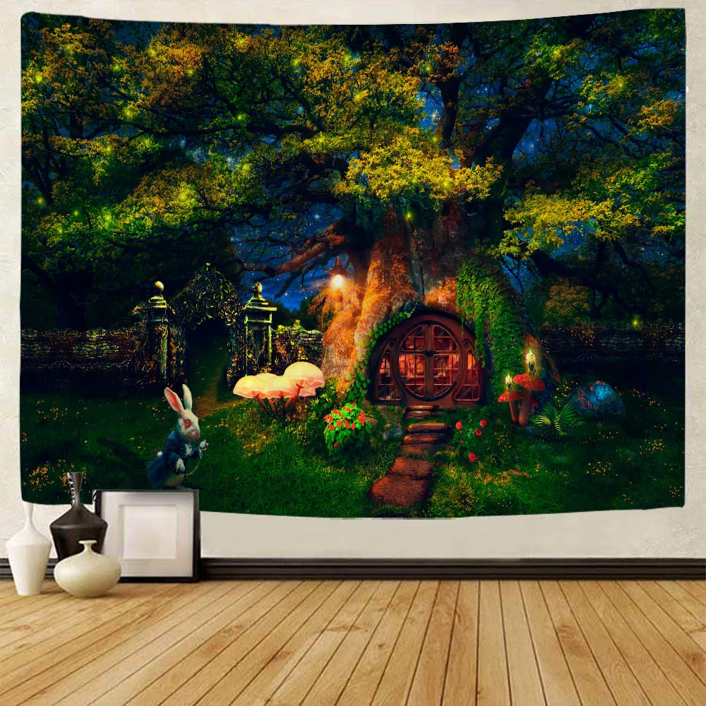 

Fairy tale forest tapestry, cartoon mushrooms, magic wall hanging, children's room, living room, dormitory party wall decoration