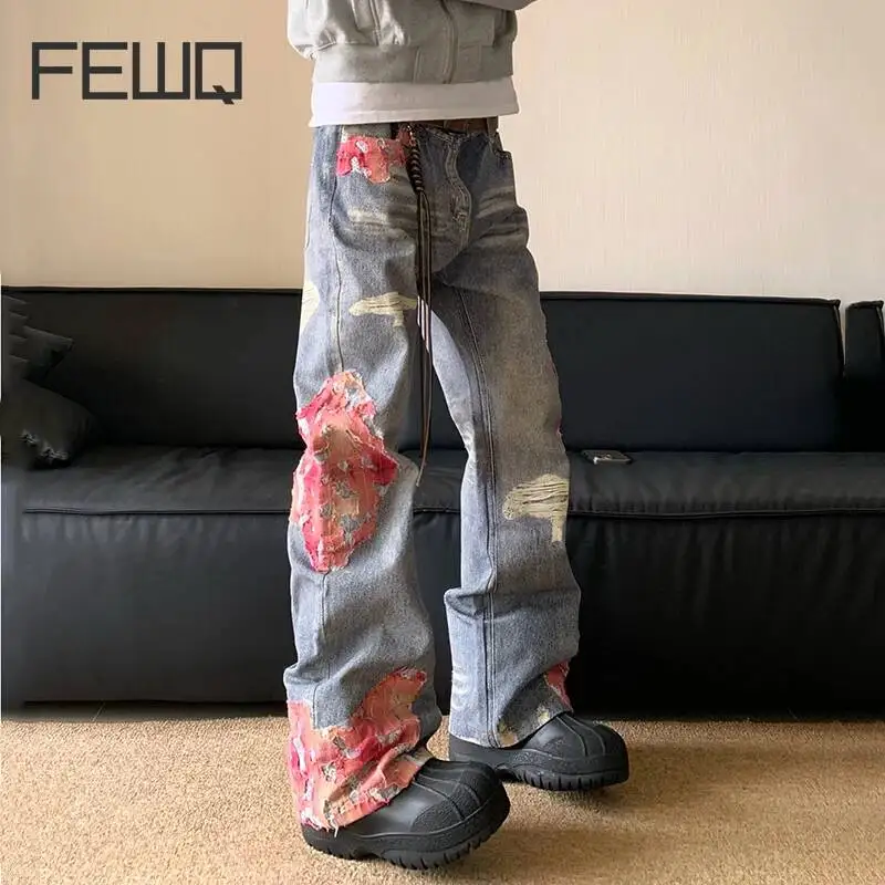 FEWQ Jeans de hombre estilo americano con empalmes y efecto de aumento de altura, pantalones casuales de moda estampados, novedad 2026 24W1921