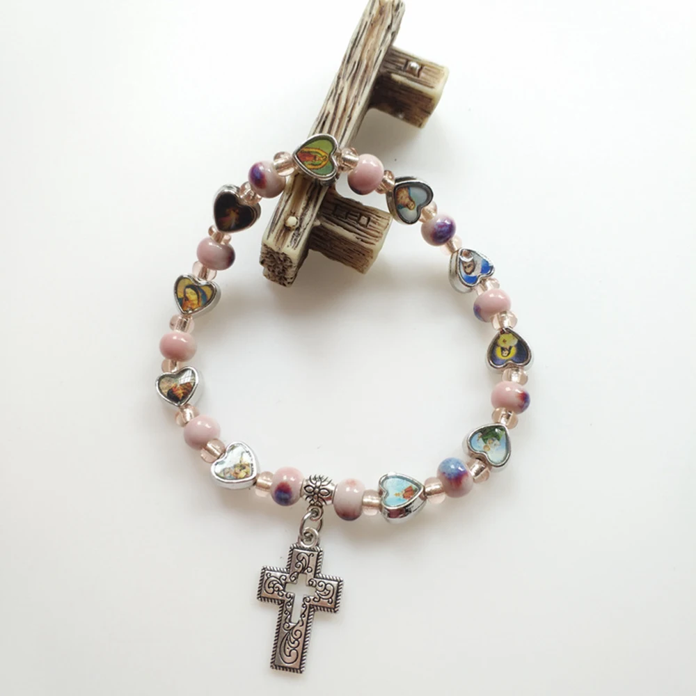 Diyalo Rosa Keramik Herz Heilige Ikone Christus Jesus Jungfrau Maria Perlenkette Hohlkreuz Stretch Armbänder für Frauen Mädchen Schmuck – Detail 5