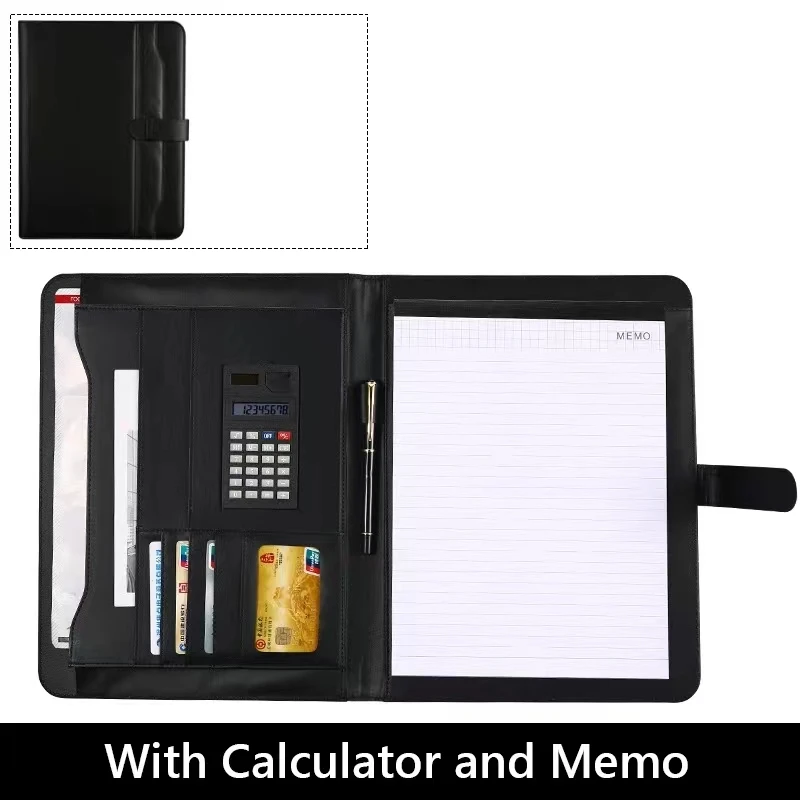 A4 Portable File Folder with Calculator Organizer Business Manager Office Document Pads Briefcase PU Leather Buckle Padfolio Bag