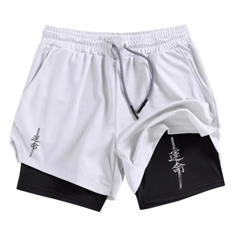 

2026 Summer Men's New Warrior Printed 2-in-1 Sports Shorts with Double Layer Sports Shorts and Mobile Pocket