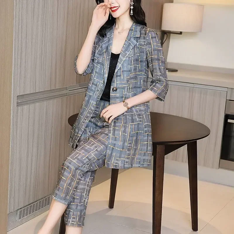 Women\'s Blazer and Pants Two Piece Set Business Spring Autumn Suits Ladies Trouser Lattice Formal Groups of Promotion Full Cheap