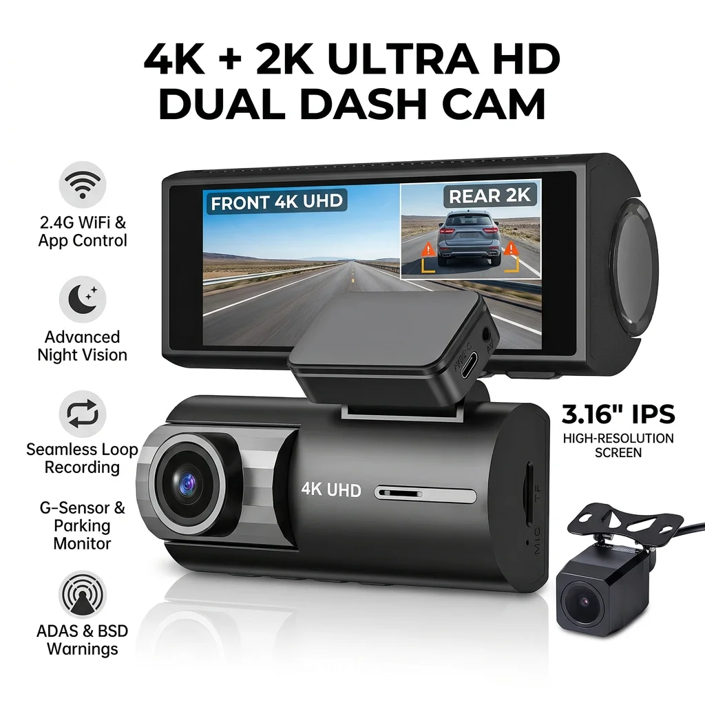 

Видеорегистратор 4K+2K с двумя камерами, ADAS, BSD, экраном 3,16 дюйма, Wi-Fi, ночным видением, циклической записью, G-сенсором, мониторингом парковки