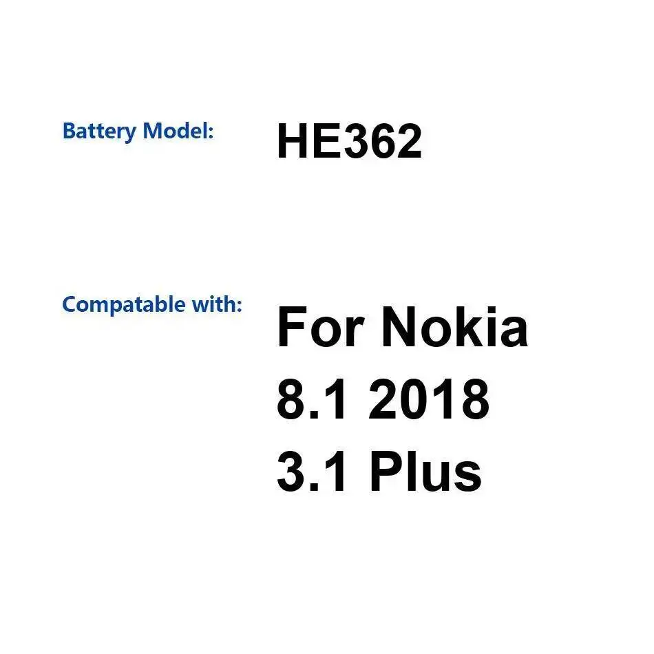 

HE362 Аккумулятор мобильного телефона для Nokia 8.1 2018 3.1 Plus Замена премиум-класса большой емкости 3400 мАч