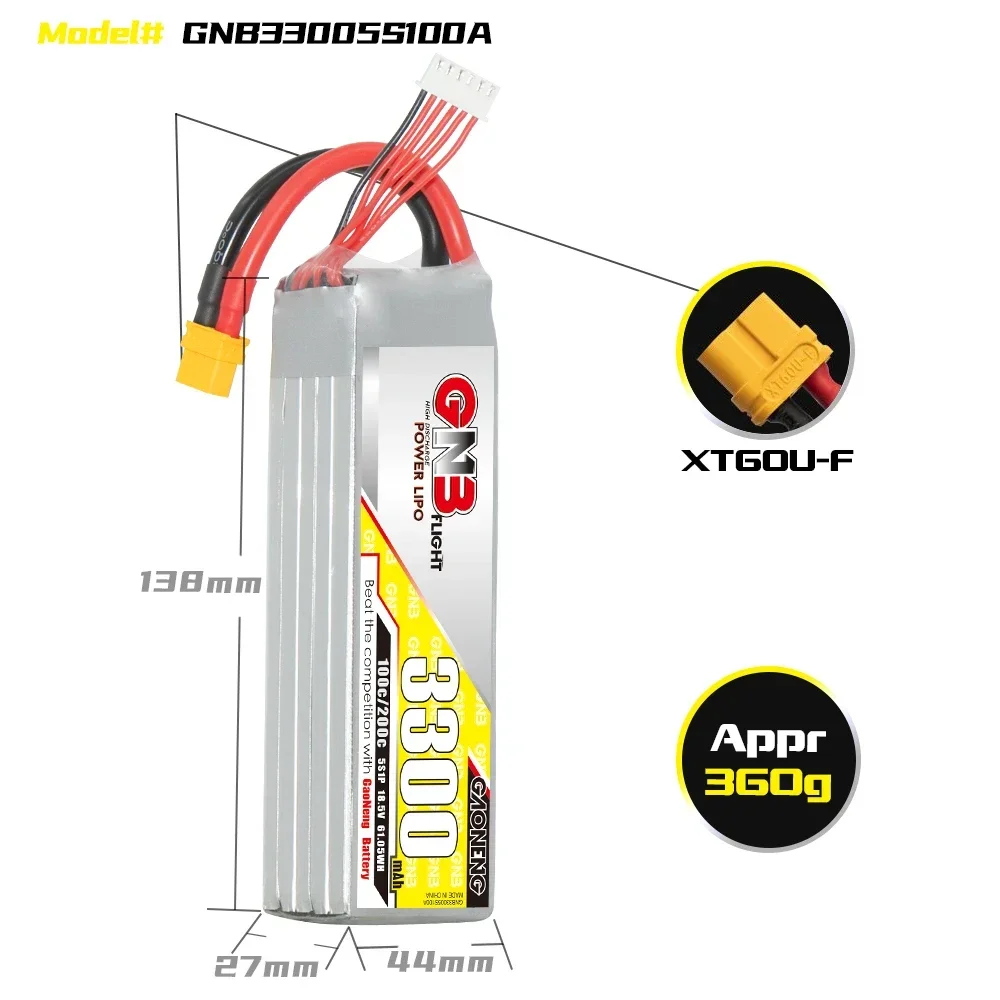 GAONENG GNB 3300mAh 5S 100C 200C 18.5V XT60 LiPo Battery 1/10 Scale RC Hobby Models 300mm to 360mm 7 inches FPV Drone RC Boat