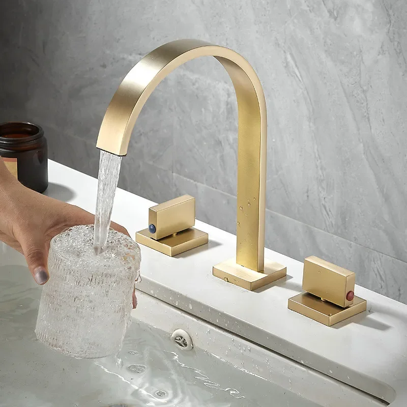 

Brushed Gold Basin Faucet Sink Tap Gold Square Brass Bathroom Sink 3 Hole Double Handle Hot And Cold Water Tap