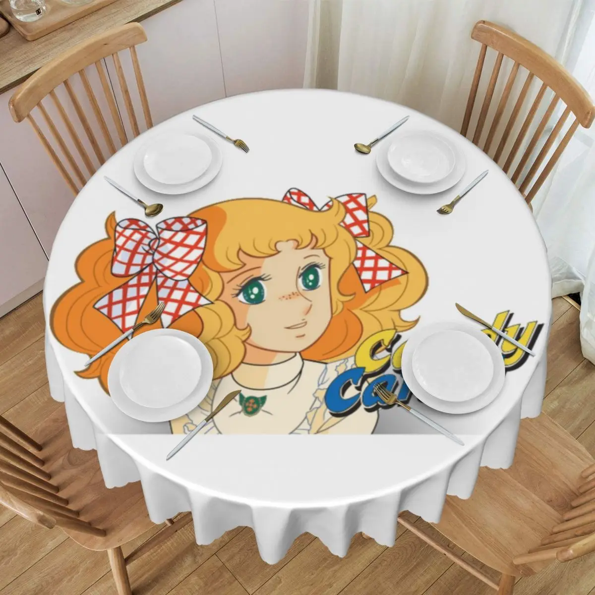 Round Cute Candy Candy Logo Tablecloth Waterproof Oil-Proof Table Covers 60 inches Anime Manga Table Cloth