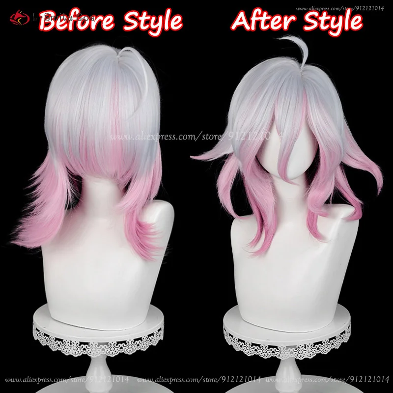 Peluca de Cosplay LOL Briar de 42cm, pelo sintético corto de Anime gris y rosa, resistente al calor, para fiesta de Halloween y gorro